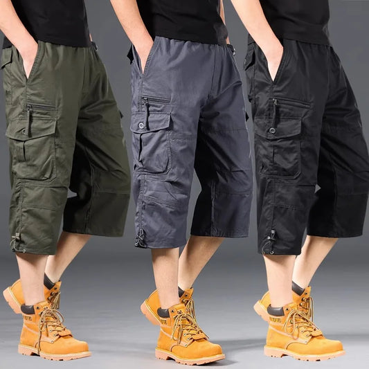 Men's Summer Cargo Shorts Loose Casual Elastic Waist below Knee Outdoor Tactical Capri Pants with Pockets