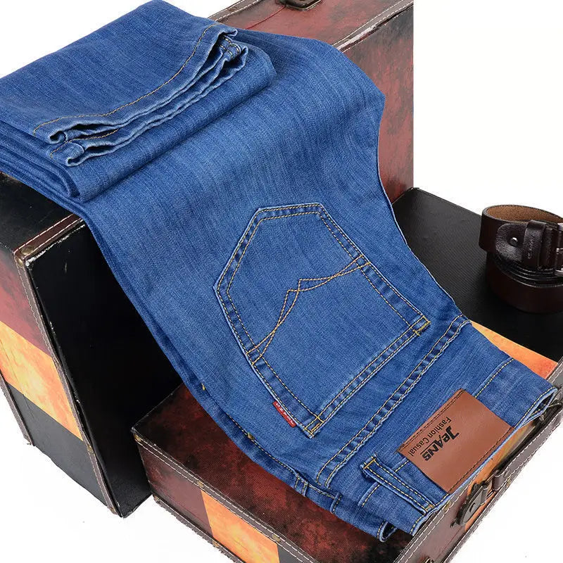 men's fashion business casual stretch slim jeans classic style male denim trousers black blue casual jean pants for shopping