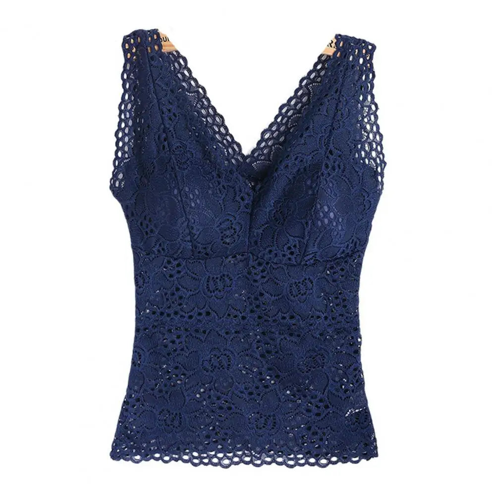 womens tank top v-neck skeleton with pads spaghetti straps sexy lace long bra crochet vest inside wear