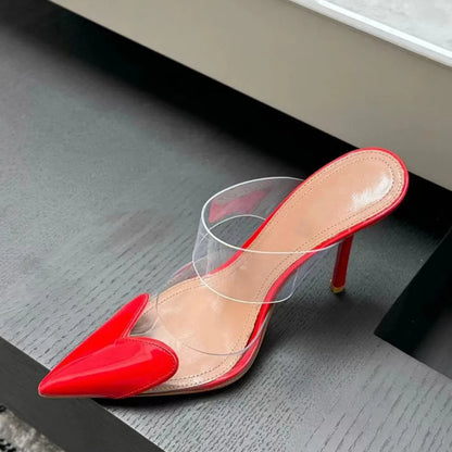 Elegant Pointed Toe Transparent PVC Heart High Heels Mules Slipper Shoes Women  Black White Red Shoes Luxury Designer Pumps