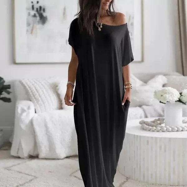 summer women's loose solid  simple daily short sleeves with pockets inclined shoulder   short sleeved long casual dress