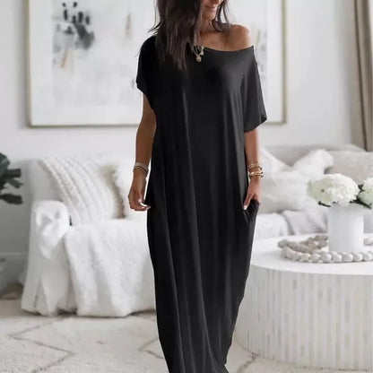 Summer Women's Loose Solid  Simple Daily Short Sleeves With Pockets Inclined Shoulder   short sleeved long casual dress