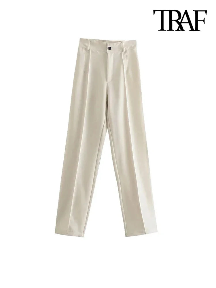 traf women chic fashion office wear straight pants vintage high waist zipper fly female trousers mujer