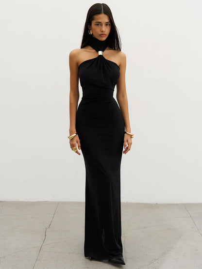 Mozision Turtleneck Off-shoulder Sexy Knit Maxi Dress For Women Gown Metal Buckle Strapless Sleeveless High Waist Knitted Dress