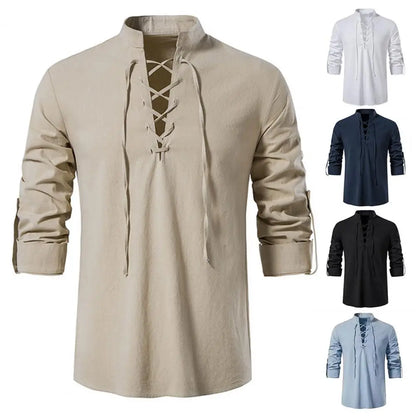 Vintage Lace Up Cotton Linen Men Shirt Tops Long Sleeve Vintage Slanted Placket Tee Shirt Casual T-shirt Medieval Viking top