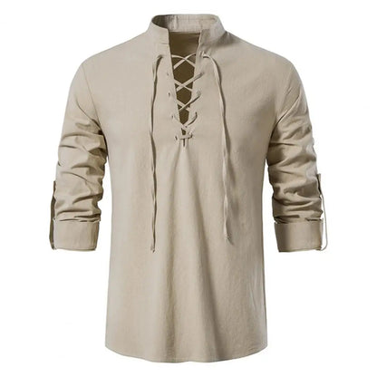 Vintage Lace Up Cotton Linen Men Shirt Tops Long Sleeve Vintage Slanted Placket Tee Shirt Casual T-shirt Medieval Viking top