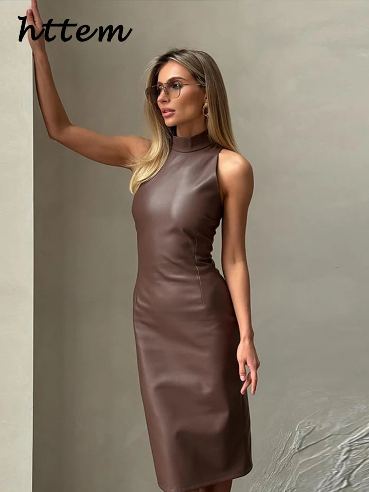 vintage midi leather dress women slim turtleneck sleeveless hip package female dresses spring lady elegant party vestidos