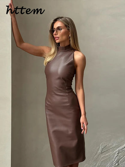 Vintage Midi Leather Dress Women Slim Turtleneck Sleeveless Hip Package Female Dresses Spring Lady Elegant Party Vestidos