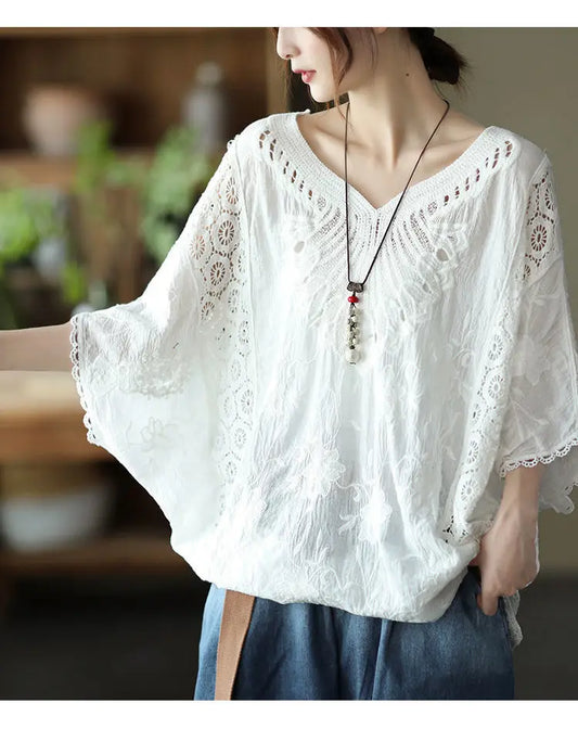 Summer Fashionable Cotton Cut Out Hook Pattern Bat Sleeve Top Loose Large Size Short-Sleeved Elegant Artistic Blouse T-Shirt for Women