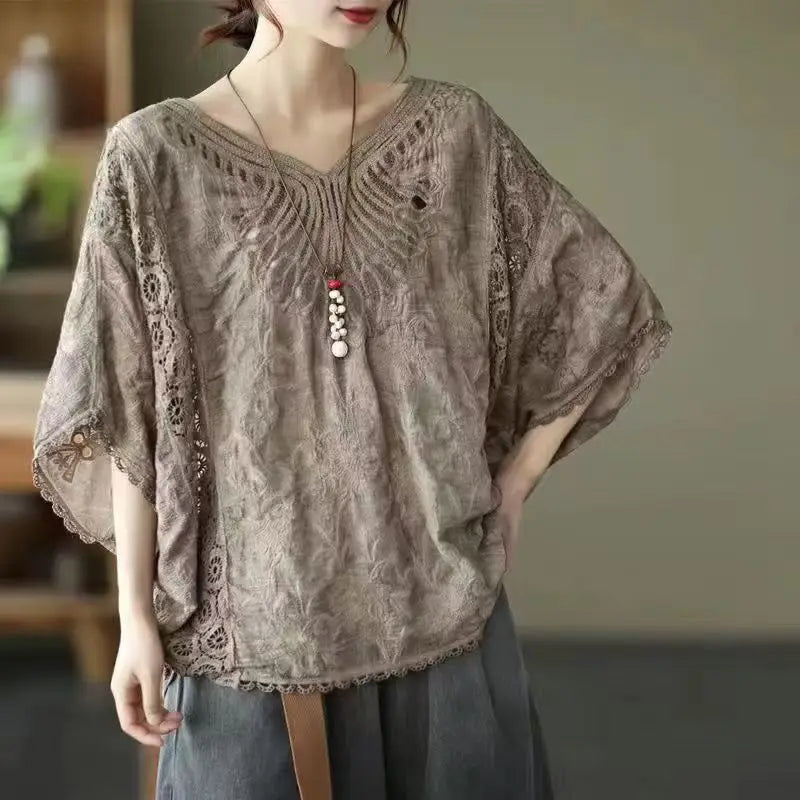 oversized summer v-neck t-shirts women lace embroidery hollow out patchwork fashion ladies blouses casual loose woman t-shirts