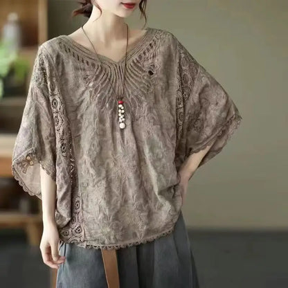 Oversized Summer V-Neck T-Shirts Women Lace Embroidery Hollow Out Patchwork Fashion Ladies Blouses Casual Loose Woman T-Shirts