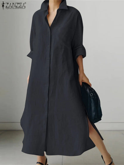 ZANZEA Women Dress Long Sleeve Solid Shirt Sundress Lapel Neck Buttons Vestidos Fashion Loose Maxi Dresses Vintage Robe Femme
