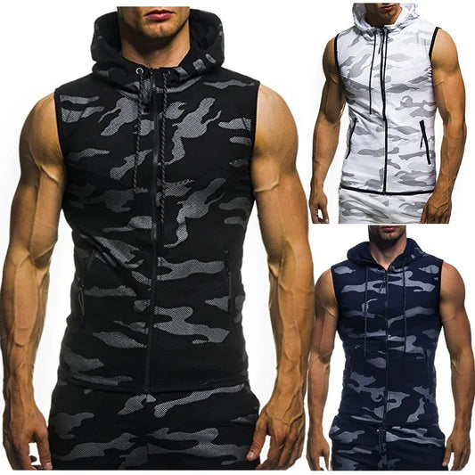 Men Summer Hooded Zipper Vest Mens Clothes Camouflage Tank Top Fitness Sweatshirt Sportswear Clothing Sleeveless Tanktop