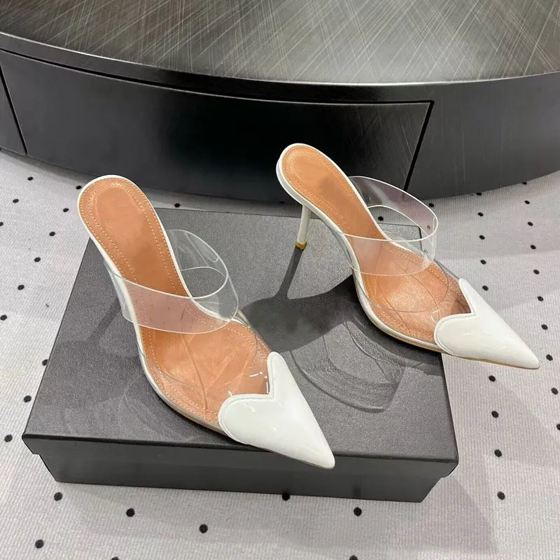 elegant pointed toe transparent pvc heart high heels mules slipper shoes women  black white red shoes luxury designer pumps