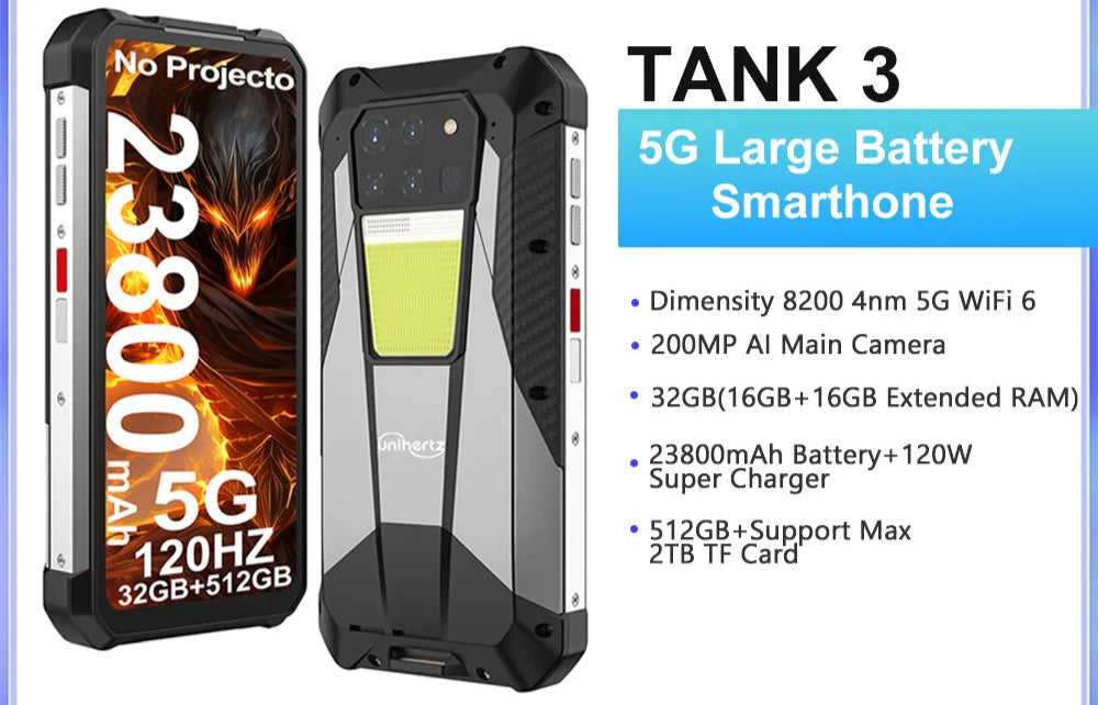 unihertz tank 3 by 8849 rugged smartphone 32gb 512gb 23800mah 120w charger dimensity 8200 5g cell phone 200mp 120hz mobile phone