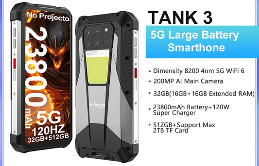 Unihertz Tank 3 by 8849 Rugged Smartphone 32GB 512GB 23800mAh 120W Charger Dimensity 8200 5G Cell Phone 200MP 120Hz Mobile Phone