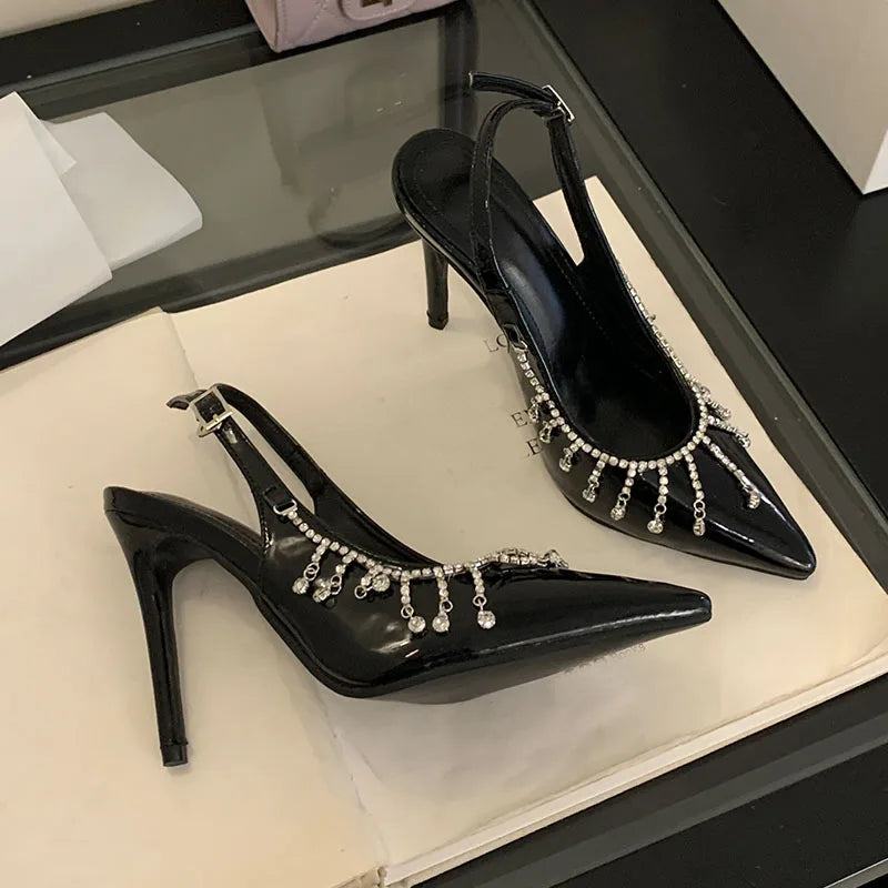fashion rhinestones chain women stiletto heels shoes luxury female footwear pointed toe ladies super high heels pumps shoes