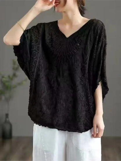 Oversized Summer V-Neck T-Shirts Women Lace Embroidery Hollow Out Patchwork Fashion Ladies Blouses Casual Loose Woman T-Shirts