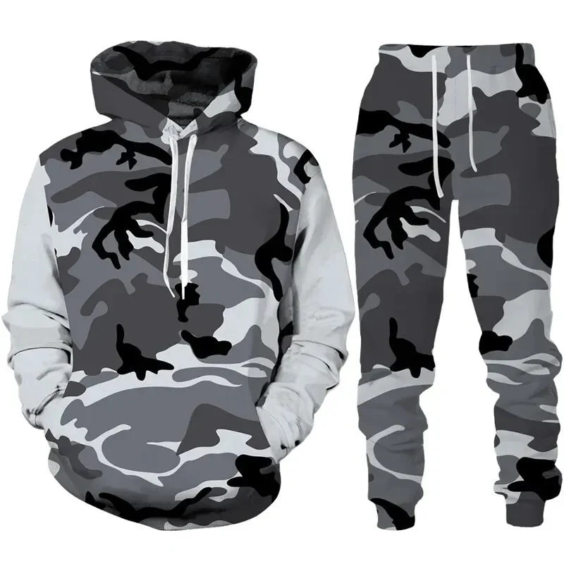 camouflage men hoodie sets 3d print tracksuit set man hoodie + pants 2pcs set outdoor oversize casual men's sportswear clothing