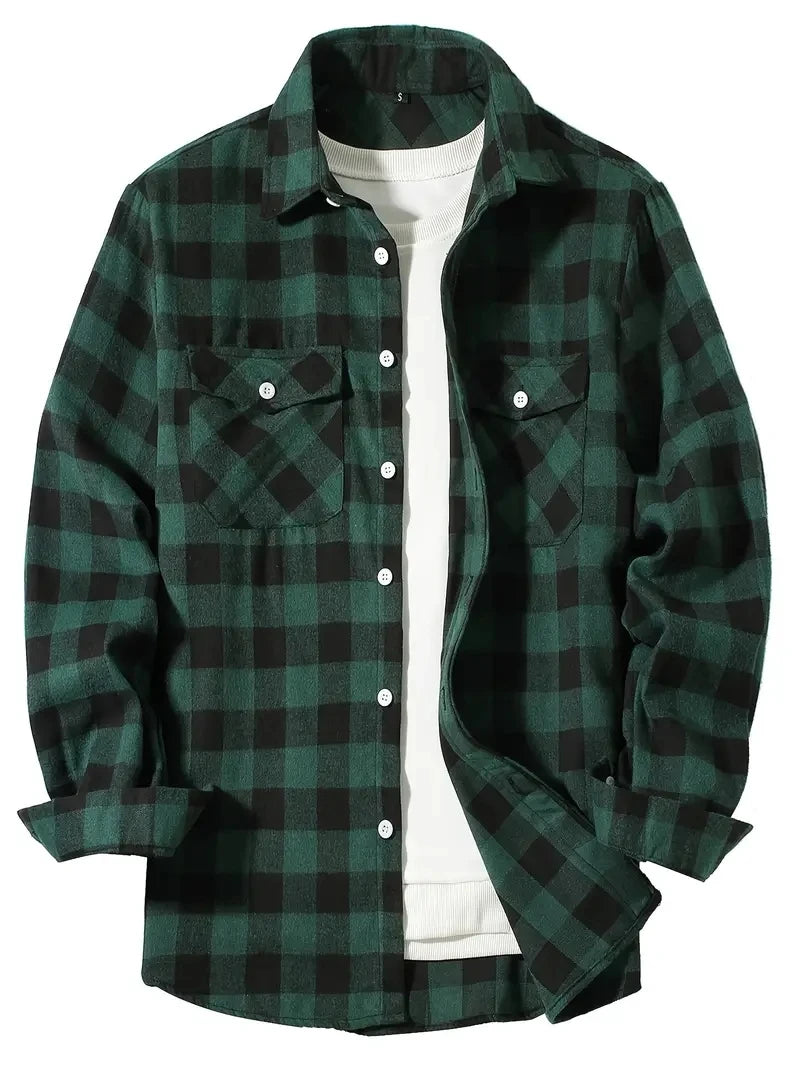 men's long sleeve shirt spring autumn fashion red plaid business casual fit flannel no iron turn-down collar polyester-rayon