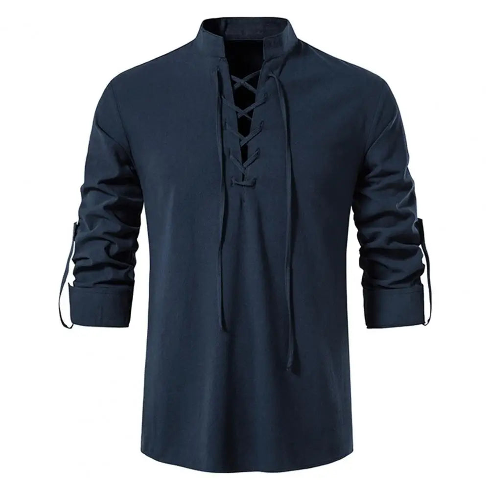 vintage lace up cotton linen men shirt tops long sleeve vintage slanted placket tee shirt casual t-shirt medieval viking top