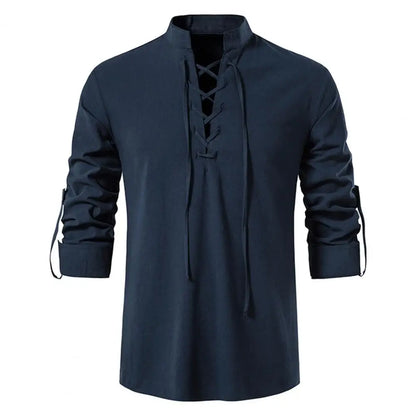 Vintage Lace Up Cotton Linen Men Shirt Tops Long Sleeve Vintage Slanted Placket Tee Shirt Casual T-shirt Medieval Viking top