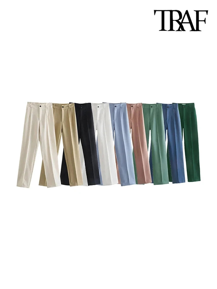 traf women chic fashion office wear straight pants vintage high waist zipper fly female trousers mujer