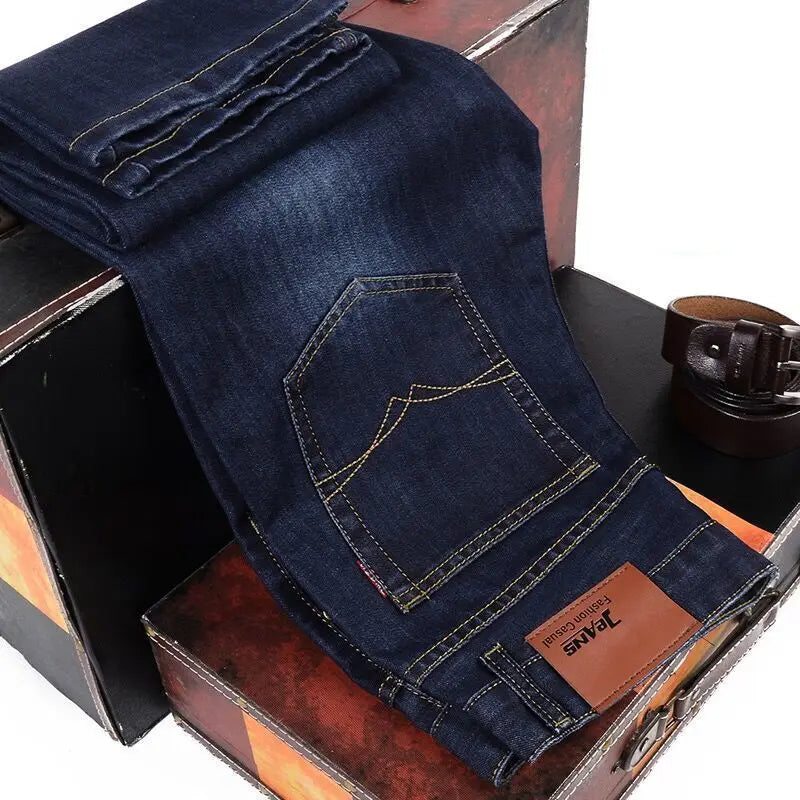 men's fashion business casual stretch slim jeans classic style male denim trousers black blue casual jean pants for shopping