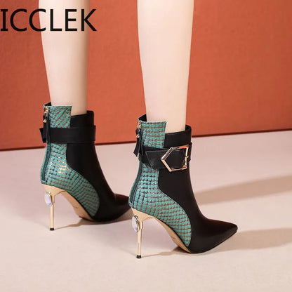 Winter Black Soft Leather Women's Boots Retro Belt Buckle Pointed Toe  Boots Side Zipper High Heels Shoes for Women Party