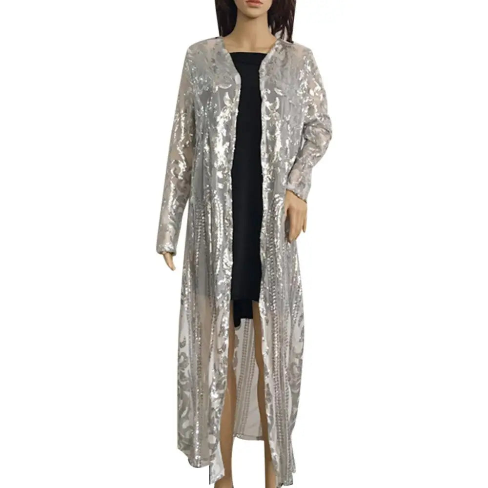 sexy women long sleeve women's long coat sequin perspective maxi coat gown cardigan vintage evening party open blouse кардиган ж