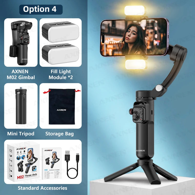 axnen m02 gimbal smartphone stabilizer 3-axis anti-shake video record handheld selfie gimbals for iphone android face tracking