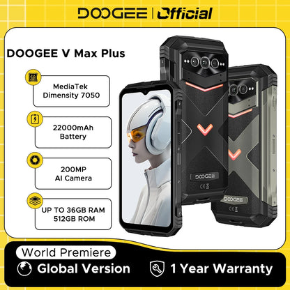 Global Version DOOGEE V Max Plus Rugged Phone 6.58" 120Hz 36GB(16+20) 512GB 200MP Ai Camera 22000mAh Lighting effect Android 14