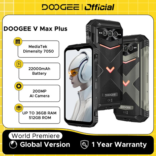 Global Version DOOGEE V Max Plus Rugged Phone 6.58" 120Hz 36GB(16+20) 512GB 200MP Ai Camera 22000mAh Lighting effect Android 14