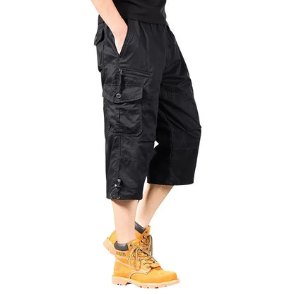 Men's Summer Cargo Shorts Loose Casual Elastic Waist below Knee Outdoor Tactical Capri Pants with Pockets