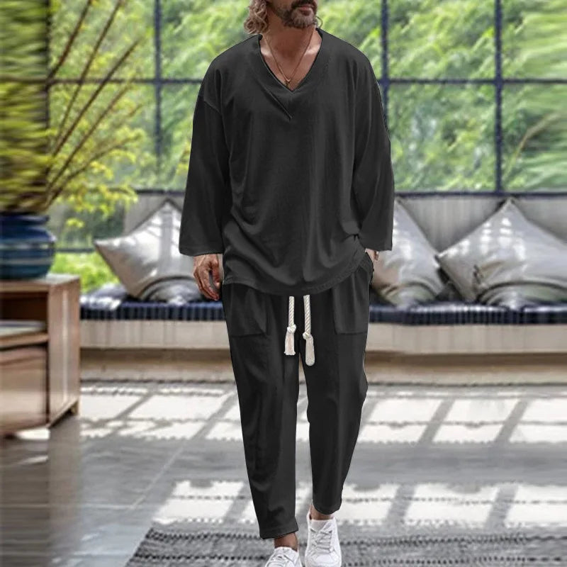 men's v-neck casual loose long sleeve shirt and pants set solid color spring/fall trend beach suit comfortable high-end cotton blend