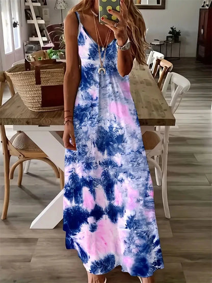 New Summer Sleeveless Halter Dresses Women Sexy Spaghetti Straps Tie-Dye Printed Dresses