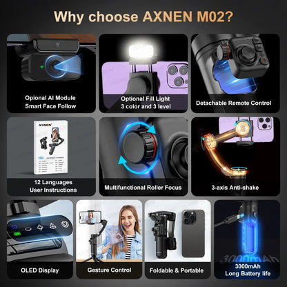 AXNEN M02 Gimbal Smartphone Stabilizer 3-Axis Anti-shake Video Record Handheld Selfie Gimbals for iPhone Android Face Tracking