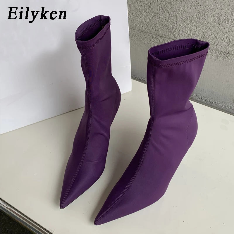 eilyken  new spring autumn stretch fabric women ankle boots sexy pointed toe high heels fashion female socks pumps shoes