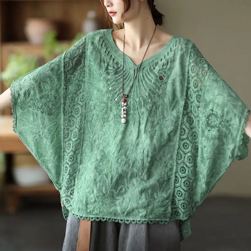 oversized summer v-neck t-shirts women lace embroidery hollow out patchwork fashion ladies blouses casual loose woman t-shirts