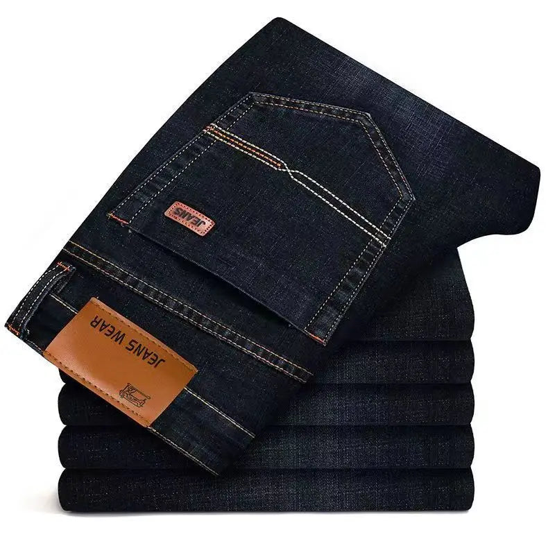 men's fashion business casual stretch slim jeans classic style male denim trousers black blue casual jean pants for shopping