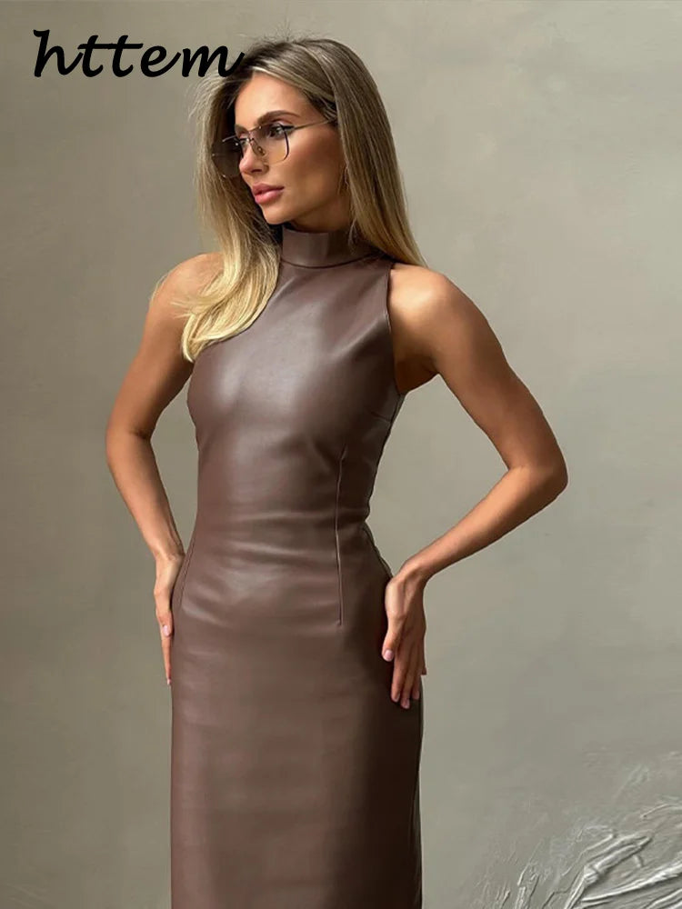 vintage midi leather dress women slim turtleneck sleeveless hip package female dresses spring lady elegant party vestidos