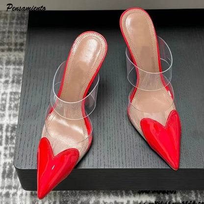 Elegant Pointed Toe Transparent PVC Heart High Heels Mules Slipper Shoes Women  Black White Red Shoes Luxury Designer Pumps