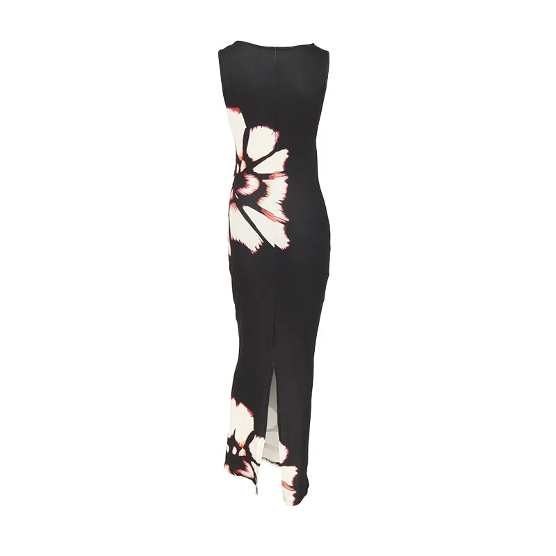 black dresses women summer new o-neck sleeveless sexy clubwear hollow out dress fashion print casual elegant slim female dresses