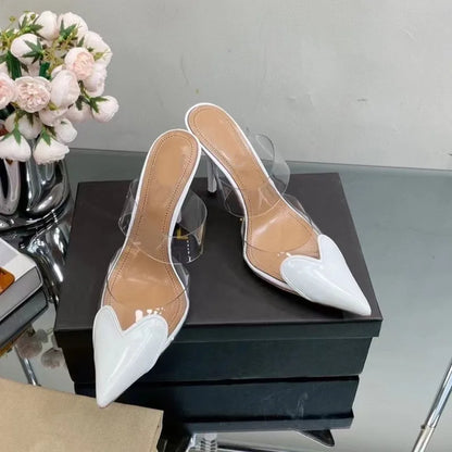 Elegant Pointed Toe Transparent PVC Heart High Heels Mules Slipper Shoes Women  Black White Red Shoes Luxury Designer Pumps