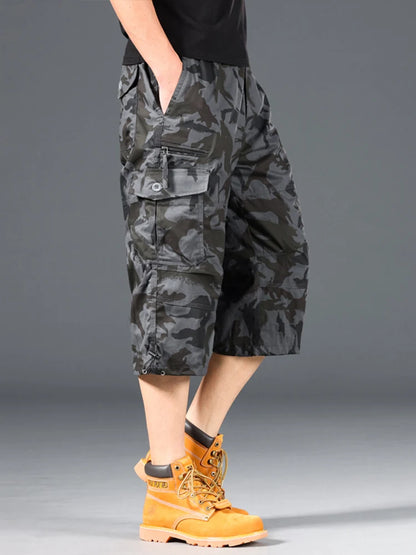 Men's Summer Cargo Shorts Loose Casual Elastic Waist below Knee Outdoor Tactical Capri Pants with Pockets