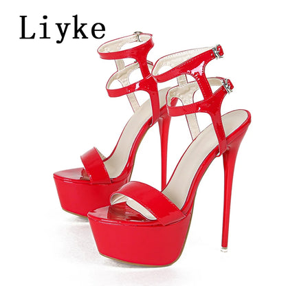 Liyke Sexy Red High Heels Platform Sandals For Women Fashion Double Buckle Strap Open Toe Wedding Banquet Shoes Big Size 45 46