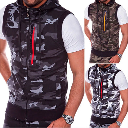 Men Summer Hooded Zipper Vest Mens Clothes Camouflage Tank Top Fitness Sweatshirt Sportswear Clothing Sleeveless Tanktop