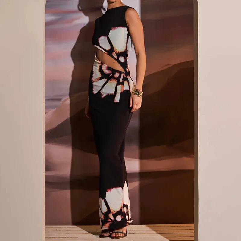 black dresses women summer new o-neck sleeveless sexy clubwear hollow out dress fashion print casual elegant slim female dresses