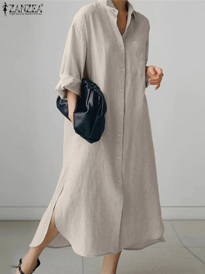ZANZEA Women Dress Long Sleeve Solid Shirt Sundress Lapel Neck Buttons Vestidos Fashion Loose Maxi Dresses Vintage Robe Femme