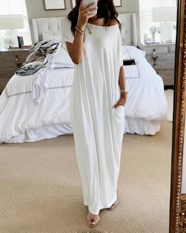 summer women's loose solid  simple daily short sleeves with pockets inclined shoulder   short sleeved long casual dress